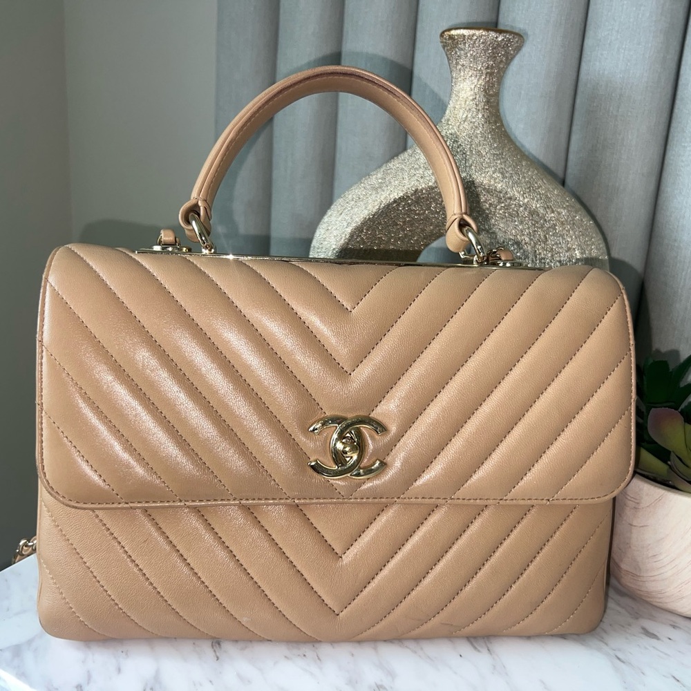 Lambskin Quilted Medium Trendy CC Flap Dual Handle Bag Beige